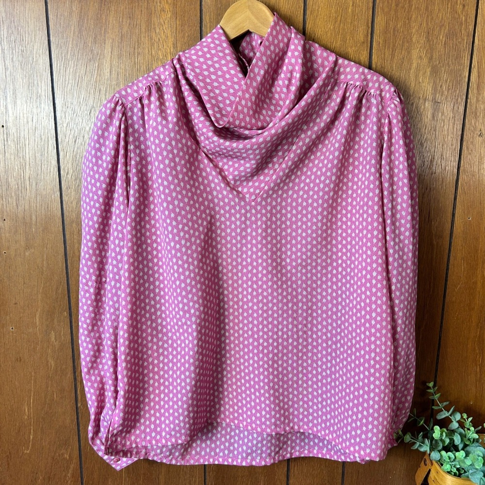 Vintage Ponter Pink White‎ Floral Cowl Neck Long Sleeve Blouse Women's Size M